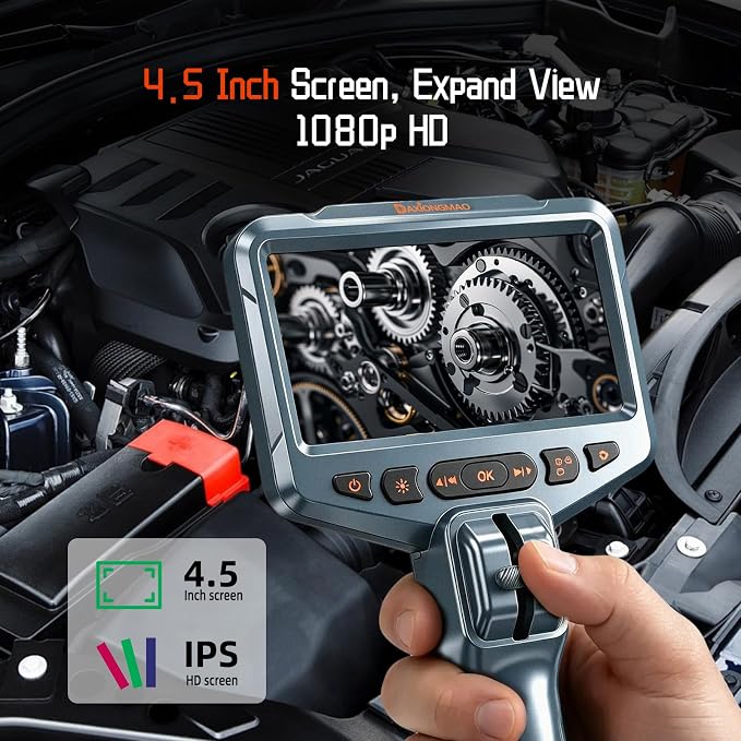 Daxiongmao 2-Way Articulating Borescope, 4.5" IPS 1080P HD Endoscope with LED Lights, IP67 Waterproof Snake Inspection Camera, 5FT Probe for Auto Engine, HVAC Duct, Plumbing Pipe Wall Inspection