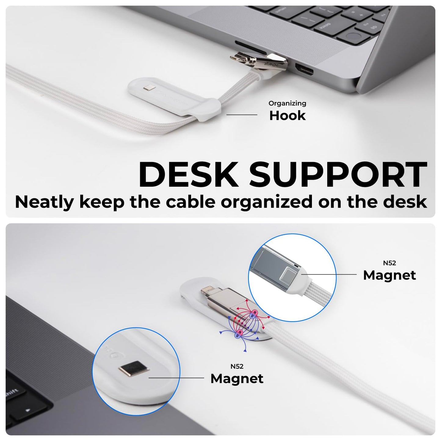 Rolling Square inCharge XL 200 cm - USB-C Cable, Universal Smartphone Cable, Gift for Men, 6-in-1 Universal Charger for Smartphones, Technical Gadget, White, Lightning Cable 100W