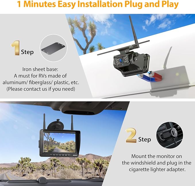 Dual Wireless Magnetic Backup Camera for Trailer,7” 1080P HD 4CH Monitor 2-Min Easy Install No Wiring 25H Long Battery Life 21000mAh Rechargeable No Delay Reverse Camera System for RV Truck