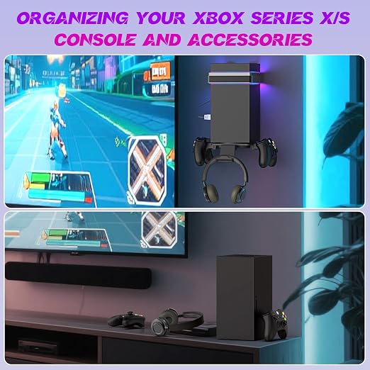 Wall Mount for Xbox Series X/S-Wall Mount Kit with 2 Controller Holder &1 Headset Stand & RGB Light, Xbox series X/S Wall Mounted Bracket Shelf Stand- Safely Organize Your Xbox X/S Series Accessories
