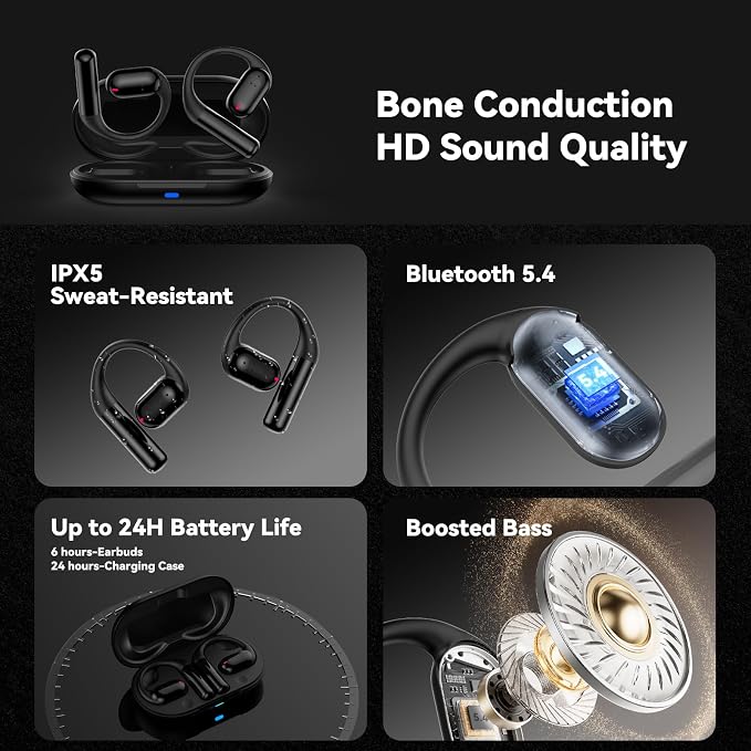 Bone Conduction Headphone Wireless Bluetooth 5.4, 0.8g Sleep Earbuds with HD Mic/Touch Control/Clear Calls, Open Ear Headphones with Earhook for Cycling Yoga Workouts(Black)