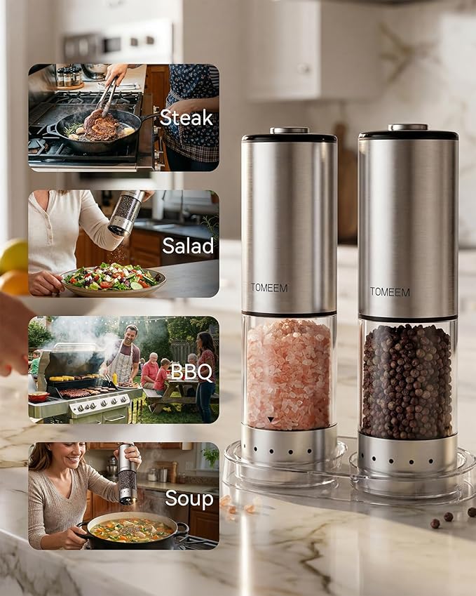 TOMEEM Rechargeable Electric Salt and Pepper Grinder Set, 115ml Large Capacity Stainless Steel Automatic Pepper Mill with Storage Base, LED Display and Light (Silver, Clear Storage Base)