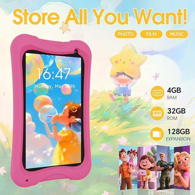 Digliand 7" Android Kids Tablet, Android 13, Quad-core Processor, 4GB+32GB, Pre-Installed Educational Apps, 2MP+5MP Dual Cameras, 3000mAh Battery, Shockproof Protective Case (Pink)