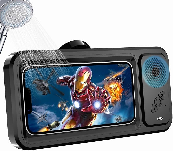 Shower Phone Holder with Wireless Bluetooth Speaker, Waterproof 480 Rotation Viewable Shower Phone Stand Case Mount Speakers for Bathroom Wall Mirro for 4"- 6.8" Cell Phones ,Gift for Mom(Black)