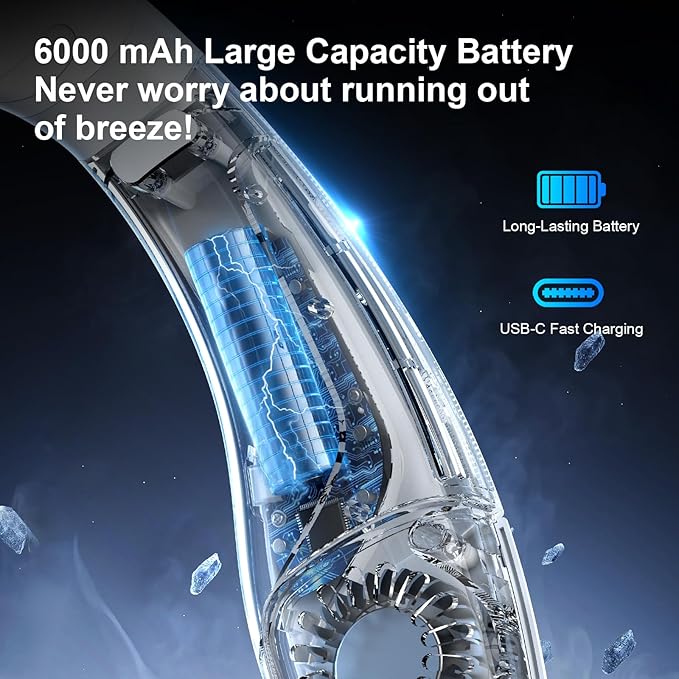Neck Air Conditioner Fans That Blow Cold Air, 6000 mAh Battery Operated Wearable Cooling Device Fan, Bladeless, Rechargeable Fan, White