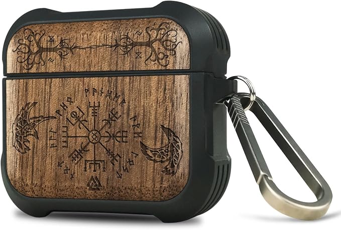 Carveit Wooden Case for AirPods 4 Case (2024) (USB-C) 4th Generation, Wood Artisan Engraved & TPU Shockproof Cover, Titanium Quick Released Clasp (The Guiding Vegvisir) Walnut