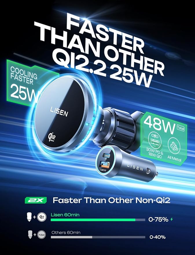 LISEN Qi2.2 25W MagSafe Car Mount Charger [TEC Cooling & Qi2 25W] Magnetic Wireless Car Charger,360 Dashborad & Vent Magnetic Phone Holders for Your Car Accessories, Only for iPhone 17 16 15 14 13 12