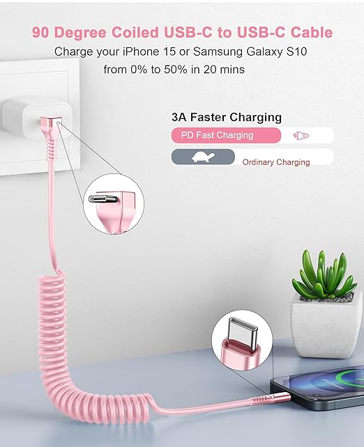 90 Degree Coiled USB C Cable for Car 3FT, 2Pack USB C to USB C Cable 3A Fast Charging, USB C to C Cable for CarPaly/Android Auto,Right Angle Type C Cord for iPhone 17/16/15/Pro Max and More-Pink