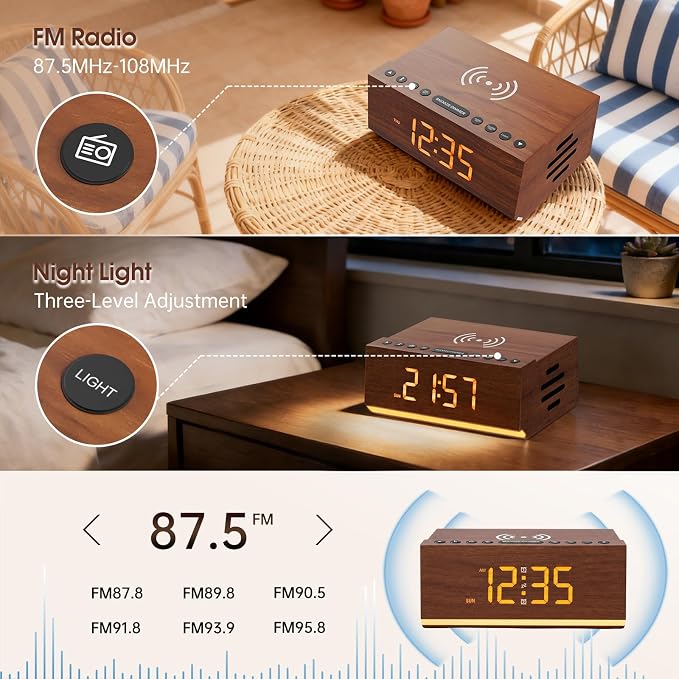 Hoifen Wooden Digital Alarm Clock with Bluetooth Speaker, Wireless Charging, FM Radio, Night Light, Auto Time Sync, Dual Alarms, USB Port, 9-Min Snooze for Bedroom, Desk, Bedside Clock Home Decor Gift
