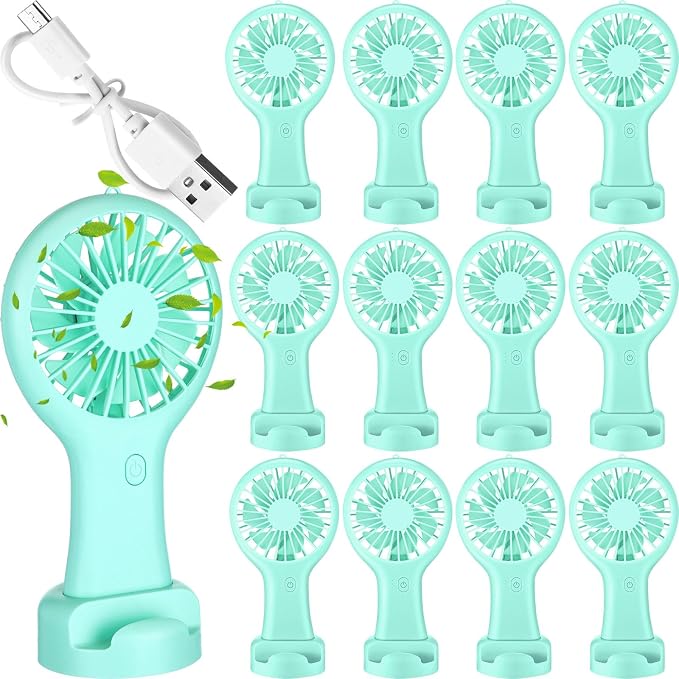 Woanger 12 Pcs Mini Handheld Fan Bulk 3 Speed USB Electric Battery Operated Small Portable Pocket Fan with Data Cable Mounting Base Summer Gift for Wedding Camping Travel (Green)