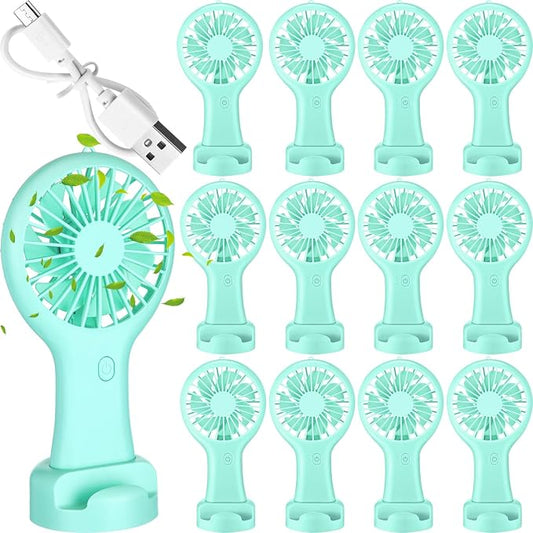 Woanger 12 Pcs Mini Handheld Fan Bulk 3 Speed USB Electric Battery Operated Small Portable Pocket Fan with Data Cable Mounting Base Summer Gift for Wedding Camping Travel (Green)