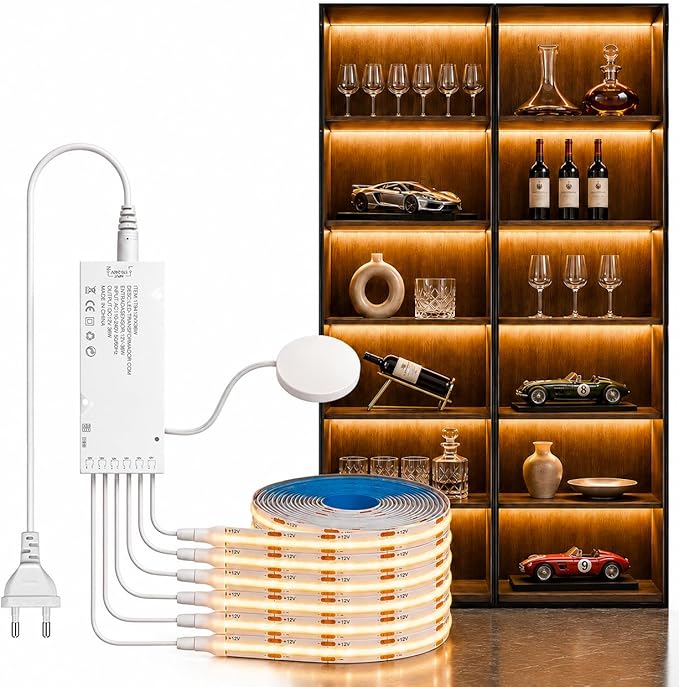 COB LED Strip Lights, 6 in 1 Dimmable Touch Control Under Cabinet Lights, 12V Under Cabinet Lighting Kit, Cuttable Self-Adhesive LED Strips for Display Cabinets, Wardrobes, Kitchen, Shelf Lighting