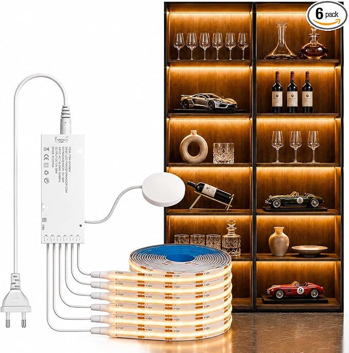 COB LED Strip Lights, 6 in 1 Dimmable Touch Control Under Cabinet Lights, 12V Under Cabinet Lighting Kit, Cuttable Self-Adhesive LED Strips for Display Cabinets, Wardrobes, Kitchen, Shelf Lighting