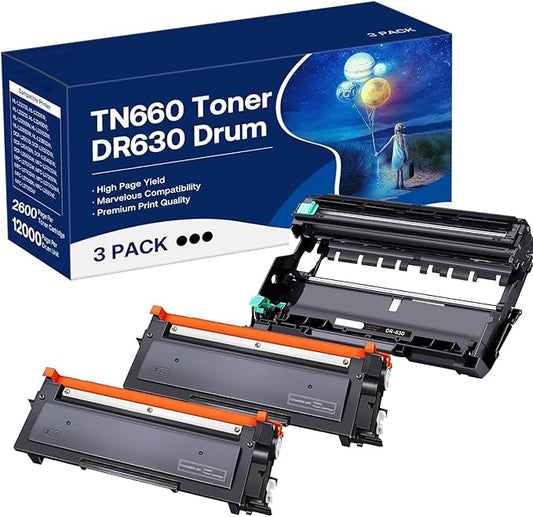 TN660 Toner Cartridge and DR630 Drum Unit Replacement for Brother DR630 DR-630 TN660 Work with MFC-L2700DW HL-L2360DW HL-L2300D DCP-L2540DW Printer (2 Toners, 1 Drum Unit, 3Pack)