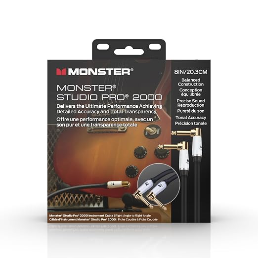 Monster Prolink Studio Pro 2000 Instrument Cable, 8 in Straight to Straight Guitar Cable Cord, 95% Copper Braided Shielding, Duraflex Jacket, 24k Gold Contact TS Connectors