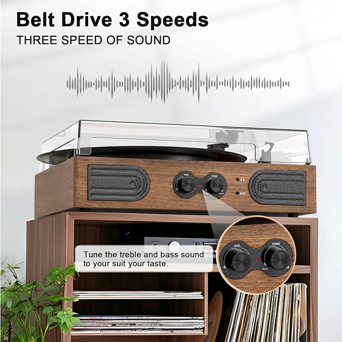 Vinyl Record Player with Built-in Stereo Speakers, 3-Speed Belt-Drive Turntable, Treble & Bass Control, RCA-Out/AUX-in, 3.5mm Headphone Jack—Vintage LP Player for Home & Gifts, Walnut