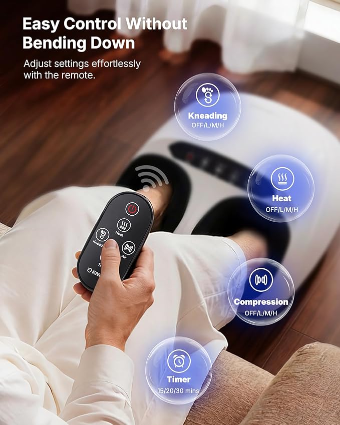 KNQZE Shiatsu Foot Massager with Heat, Compression, Deep Kneading Foot Massage for Plantar Fasciitis Relief, Remote Control, Multi Massage Modes, Auto Shut-Off Timer, FSA Eligible, White