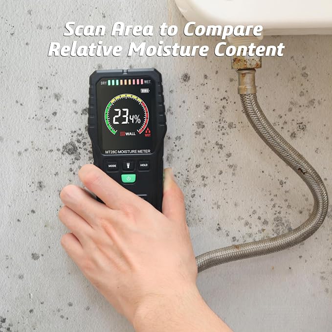 Pinless Moisture Meter for Wall,Floor – Digital Moisture Tester | With 3-Color LCD Display, Audible Alarm & HOLD Function, Ideal for Home Inspections