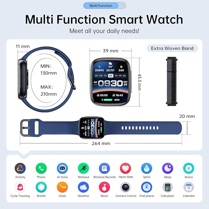 Quican Smart Watches for Men Women, 1.85" HD AMOLED Smart Watchfor iPhone & Android, 12-Day Battery, 3ATM Waterproof,Bluetooth Calls/Messages, Health Monitor, 120+ Sports ModesFitness Watch, 2 Bands