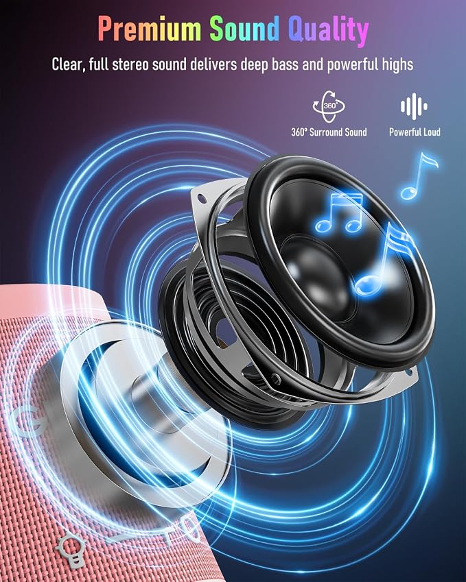Bluetooth Speaker Wireless, Bluetooth 5.3 Shower Speaker with 9 RGB Lights & 20H Playtime, IPX6 Waterproof Speaker with TWS Pairing, Portable Speaker for Home, Beach, Travel & Birthday Gifts