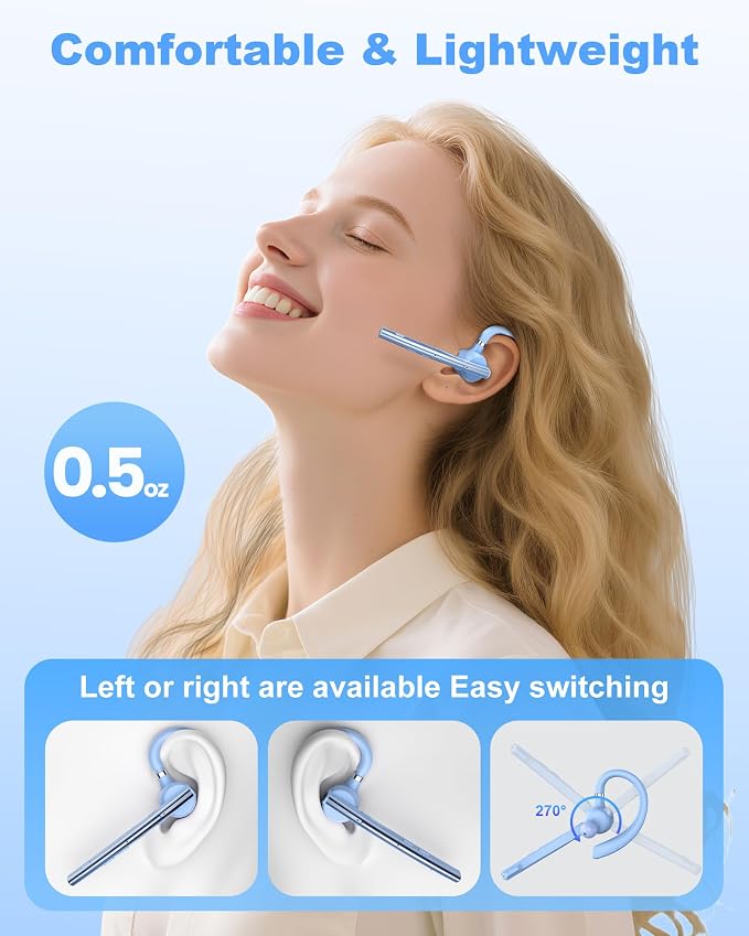 New Bee Bluetooth Headset, Single-Ear Bluetooth Earpiece for Cell Phone Calls, Dual Mic with Mute Button, 72H Talk Time, 500mAh Charging Case Wireless Headset for Phone and Laptop