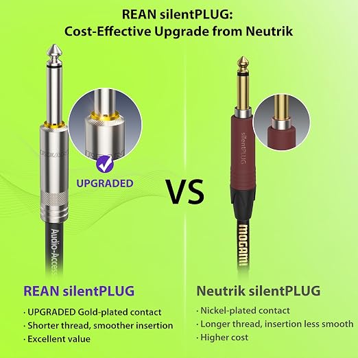 AA AUDIO ACCESSORY Silent Guitar Cable 10 ft, Neutrik REAN silentPLUG, Hot-Swapping Guitars Without Pop, Kevlar-Reinforced Auto Mute 20 AWG 99.99% OFC 1/4 Instrument Cable, Nylon Braided Amp Cord
