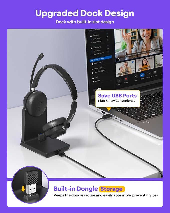 Wireless Headset with Mic for Work-Bluetooth Over Ear Headphones with Microphone,Noise Cancelling with Mute & USB Dongle for Computer/Phones/Remote Work/Call Center,Lightweight All Day Comfort