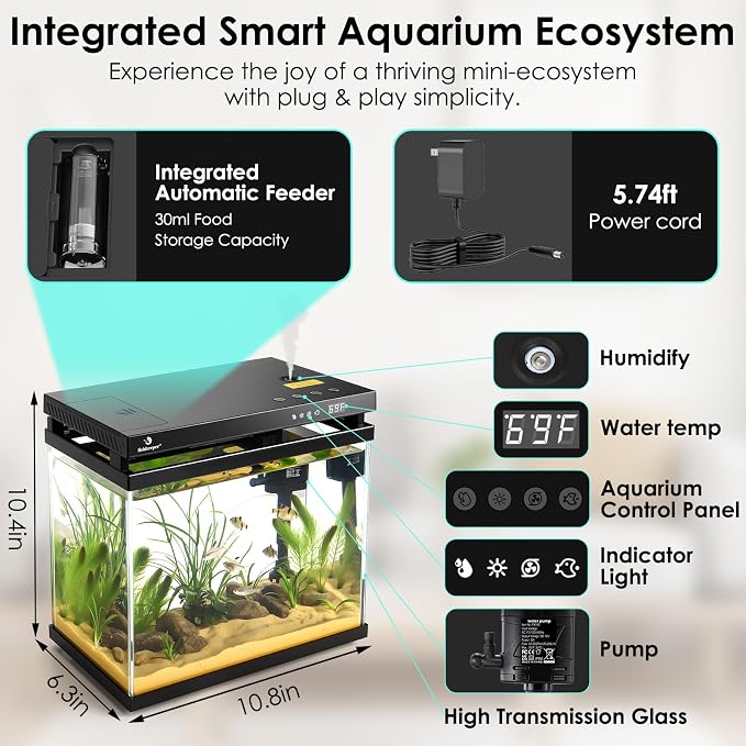 fishkeeper 2.3G Smart Aquarium - HD Glass Fish Tank Kits with Auto Feeder, Self-Cleaning Silent Filter Pump, Aromatherapy, Temperature Display & 7-Color RGB Lights for Desktop, Office, Room