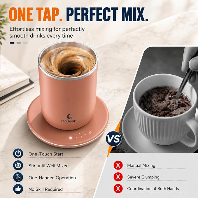 Self Heated Stirring Coffee Mug, 10oz Auto Mixing Cup with Warmer, Rose | 3 temp settings, food-grade stainless steel interior, 8-hour auto shut-off, plug-in desk mug with Warmer for office home
