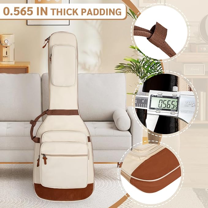 Electric Guitar Bag 0.5 Inch Padding Electric Guitar Case, Electric Guitar Gig Bag Backpack with Neck Strap and 4 Pockets, White