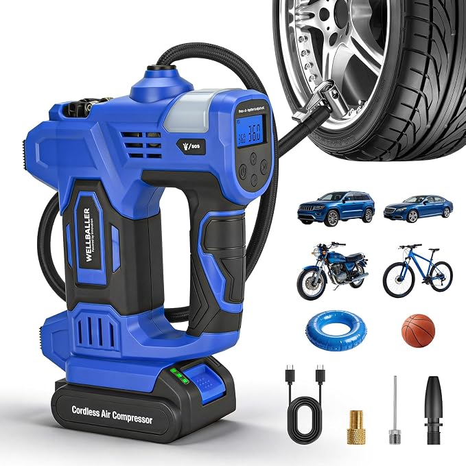 Tire Inflator Portable Air Compressor,20V Cordless Tire Inflator with 150PSI Max,4X Faster Portable Air Pump,Battery Powered Pump with Digital Pressure Gauge for Car Tires,Motorcycle,Bike,Balls