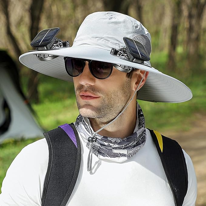 Solar Powered Fan Hat with 2 Fans, Wide Brim Sun Hat for Men Women, Adjustable Cooling Fishing Hat for Outdoor