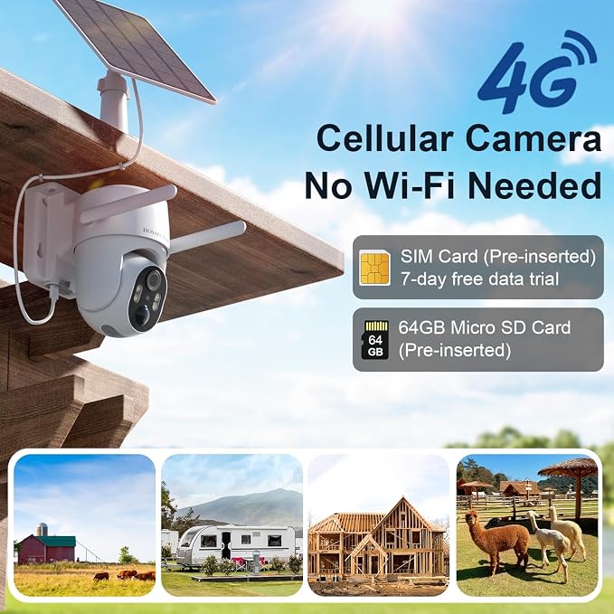 HOSAFE.COM 4G LTE Cellular Security Camera No Internet Needed, 2K Solar No WiFi Security Camera Outdoor Wireless with SIM Card Jobsite,360 Live View, Motion Detection,Free Cloud Storage(Need Apply)