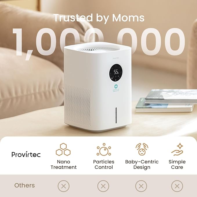 Provirtec Pro Baby Evaporative Humidifier for Bedroom, MistFree & No White Dust, BPA-Free and 16dB Quiet Sleep for Kids, 3 Age-Modes, Auto Control, Tap Water Safe, 4L Easy Clean Tank for Nursery