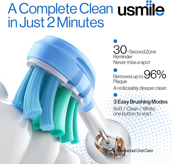 usmile P10S Sonic Electric Toothbrush – 3 Modes Deep Clean & Whitening, 180-Day Battery Life, Cushioned Gum-Care Brush Head for Sensitive Teeth, Smart Timer, 2 Brush Heads (Blue)