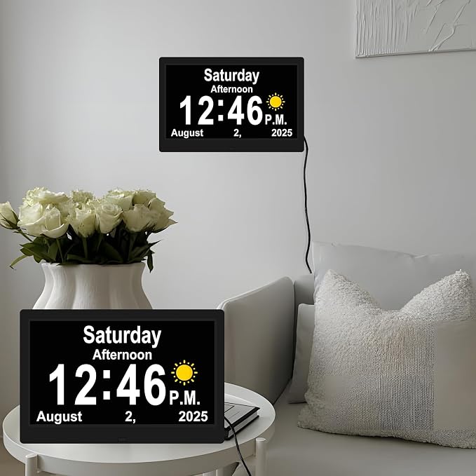 SSYA Dementia Clocks with Day and Date for Seniors,13 Alarms Custom Reminders, Extra Large Digital Calendar Clock for Elderly. (Black)