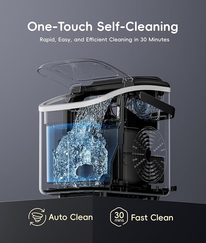ecozy Portable Ice Makers Countertop, 8 Cubes in 6 Mins, 26lbs/Day, Bullet Ice Maker Machine with 2 Ice Sizes, Self-Cleaning Ice Maker with Carry Handle for Home/Kitchen/Party/Travel - 2026 Version