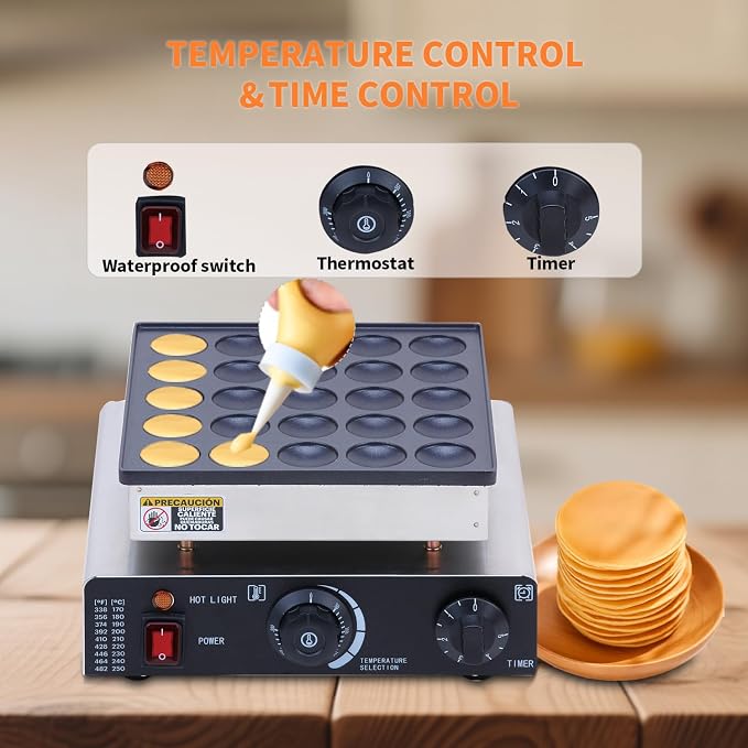 SNICE Commercial Electric Poffertjes Grill, Silver and Black, Stainless Steel, 25 Cavities, Temperature Control, 1700W Mini Dutch Pancake Maker