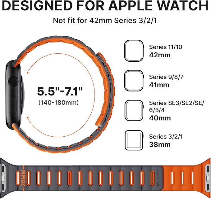 Bandletic Reversible Magnetic Band Compatible with Apple Watch Bands for Women 40mm 41mm 42mm(Series 11 10) 38mm Men, Strong Magnet Sports Strap for iWatch Series 9 8 7 6 5 4 SE 3-1, Space Gray/Orange