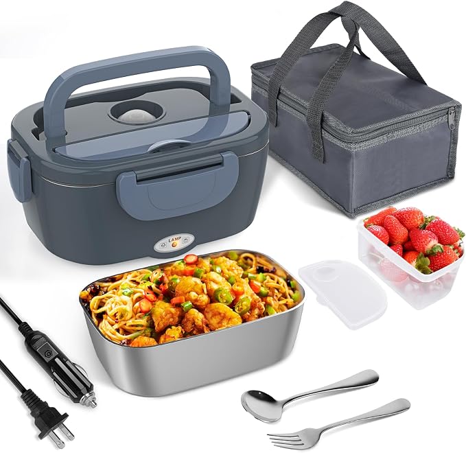 Electric Lunch Box for Adults, Portable Heated Lunch Box Food Warmer 80W Fast Heating Lunchbox 12/24/110/220V, 1.5L Lonchera Eléctrica Portátil Food Heater for Car/Truck Christmas White Elephant Gifts