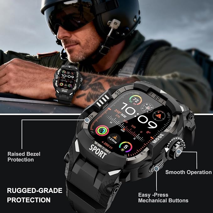 DABAOZA Rugged Case with Band Screen Protector Compatible with Apple Watch 49mm, for iWatch Ultra 3/2/1,Military Grade Shockproof Bumper and Men's Tactical Heavy Duty Strap(Black/Black,49MM)