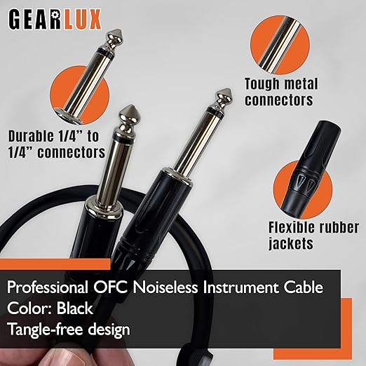 Gearlux Instrument Cable/Guitar Cable, 1/4 Inch, Straight to Straight, Black, 10 Feet - 6 Pack