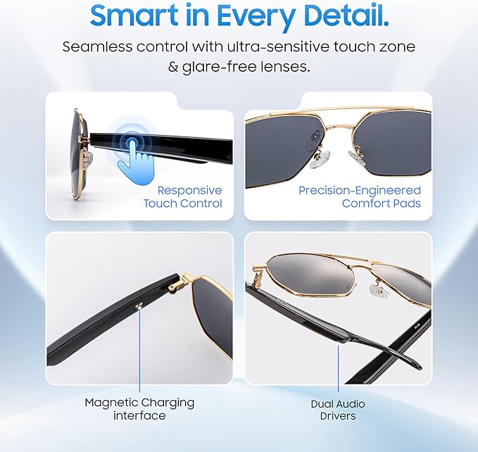 LIMU Gen 5 AI Smart Sunglasses - AI Glasses with Real-Time AI Interpreter, Open-Ear Bluetooth Audio for Calls & Music, Premium 33 g Metal Frame, Travel & Business Ready for Women & Men