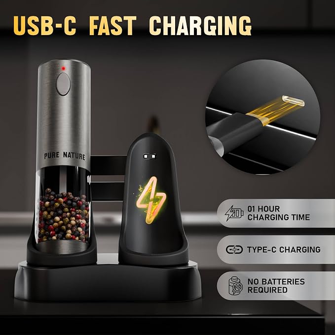 Pure Nature Electric Salt and Pepper Grinder Set with Rechargeable Base – Stainless Steel, Large Capacity, LED Light, 5 Adjustable Coarseness Levels, Refillable, Type-C Fast Charging
