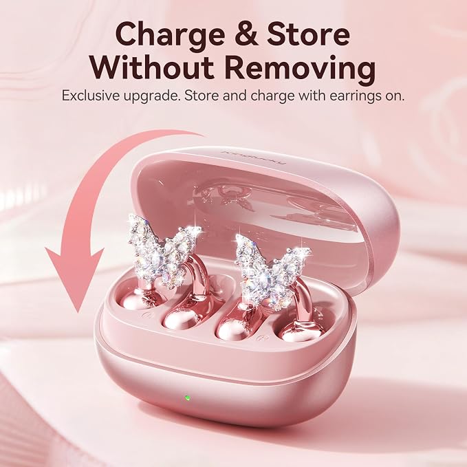 Kinglucky Gen2 Clip-On Open Ear Earbuds with Sparkle Butterfly Earrings, Earrings-On Storage Case, Bluetooth 5.4 Wireless Headphones for Women, 40H Playtime, Comfortable Fit for Small Ears, Rose Gold