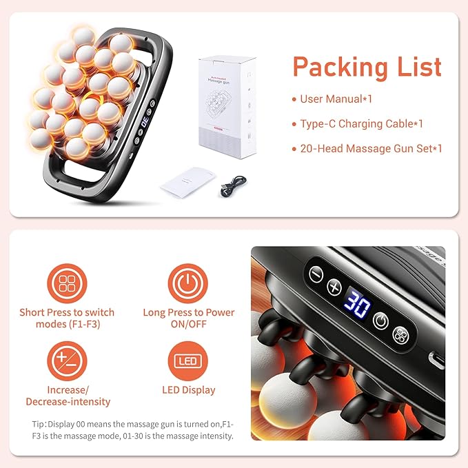 20 Head Massage Gun Deep Tissue with 3 Modes & 30 Levels, Percussion Multi-Head Handheld Portable Massager, Quiet Muscle Electric Massager Gun for Back Neck Shoulder Legs Pain Relief, Gifts Women Men