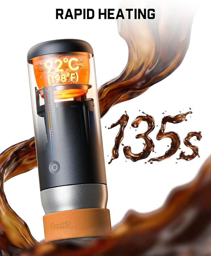 Fanttik Cafein 11 Portable Coffee Machine, Self-Heating Electric Espresso Machine with USB-C, 20 Bar Coffee Maker for Travel, Hiking, Gym and Office