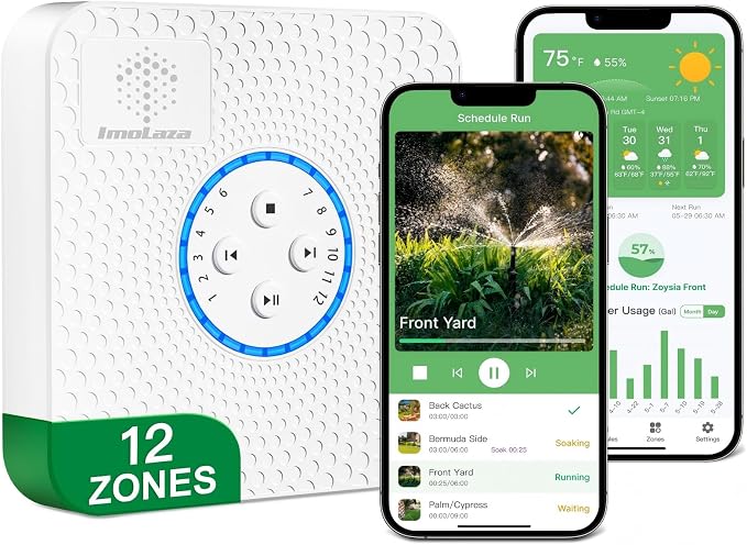 ImoLaza Indoor Smart Sprinkler Controller, ET Automatic Watering Irrigation Controller,2.4GHz WiFi, Ultra Water Saving via Rain/Wind/Freeze/Saturation Skip, App Remote Control & Fault Alerts (12-Zone)