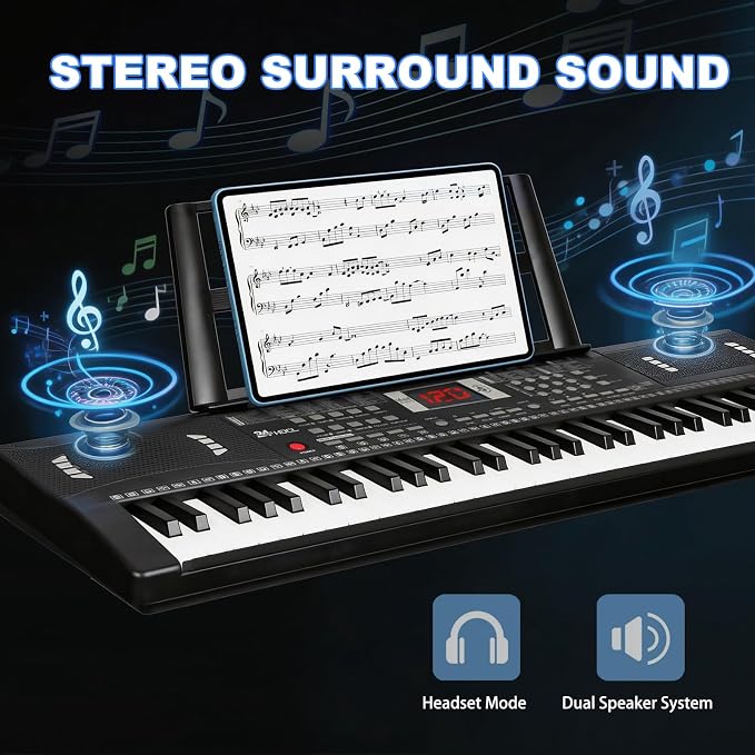 Electric Piano Keyboard, Digital 61 Key Piano Keyboard Kids with Speaker Microphone & Music Sheet Stand, Gift for Children Early Education Beginners, Black
