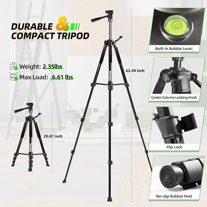 IKOVWUK Laser Level with Tripod, 3x360° Cross Line Laser for Construction and Picture Hanging, Level Tool with 5200 mAh Rechargeable Battery, Compact Adjustable 59.8-inch Tripod, Remote Control